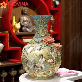 Bình hoa gốm Bát Tràng Dáng Lọ Cảnh Đàn Cò Đắp Nổi