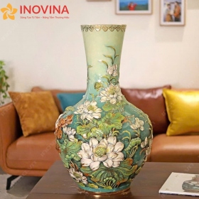 Bình hoa gốm Bát Tràng Dáng Lọ Đắp Nổi Hoa Sen