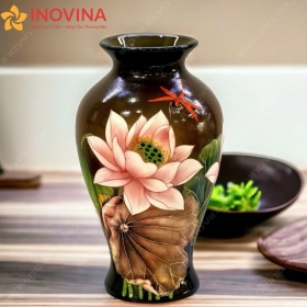 Bình Hoa Gốm Sứ Bát Tràng Dáng Bầu Sen Đỏ