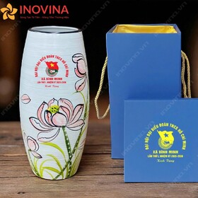 Bình hoa gốm sứ Bát Tràng Dáng Bom vẽ Sen Viền Nâu