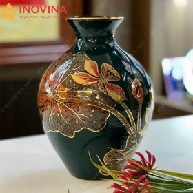 Bình hoa gốm sứ Bát Tràng Dáng Chum Sen Đỏ Chỉ Vàng