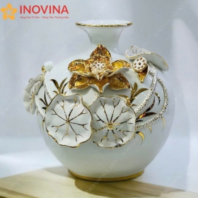 Bình Hút Lộc Bát Tràng Hoa Sen Đắp Nổi Mạ Vàng 24K