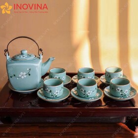 Bộ ấm tích Bát Tràng Men Xanh Hoa Tuyết