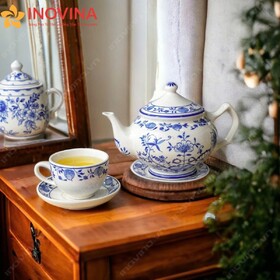 Bộ Ấm Trà Bát Tràng Đài Cát Hoa Phù Dung Xanh