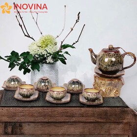 Bộ Ấm Trà Bát Tràng Dáng Dừa Men Hỏa Biến