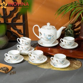 Bộ Ấm Trà Bát Tràng Dáng Minh Long Hoa Sen Xanh