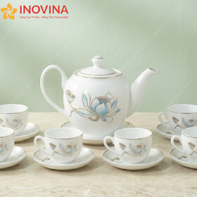 Bộ Ấm Trà Bát Tràng Dáng Minh Long Hoa Sen Xanh