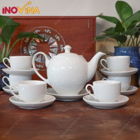 Bộ ấm trà Bát Tràng dáng Minh Long men trắng