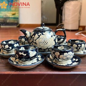 Bộ Ấm Trà Bát Tràng Dáng Quả Hồng Men Xanh Hoa Cúc