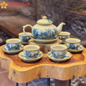 Bộ Ấm Trà Bát Tràng Dáng Quả Hồng Vẽ Sơn Thủy