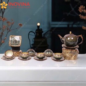 Bộ Ấm Trà Bát Tràng Dáng Trăng Tròn Men Hỏa Biến