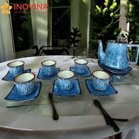 Bộ Ấm Trà Bát Tràng Dáng Vuông Đáy Phình Men Hỏa Biến