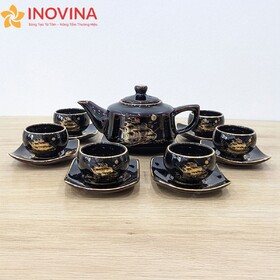 Bộ Ấm Trà Bát Tràng Dáng Vuông Thuận Buồm Xuôi Gió