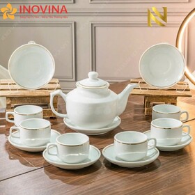 Bộ Ấm Trà Bát Tràng Dáng Vuông Vẽ Vàng