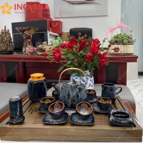 Bộ Ấm Trà Bát Tràng Hỏa Biến Dáng Ấm Tích Kèm Phụ Kiện