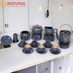 Bộ Ấm Trà Bát Tràng Hỏa Biến Men Xanh Dáng Ấm Nồi