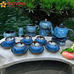 Bộ Ấm Trà Bát Tràng Hỏa Biến Men Xanh Lòng Hoa Tay Cầm B