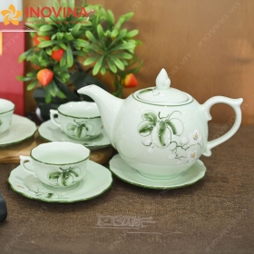 Bộ Ấm Trà Bát Tràng Mẫu Đơn Hoa Quả Xanh