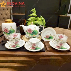 Bộ Ấm Trà Bát Tràng Mẫu Đơn Sen Hồng