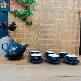 Bộ Ấm Trà Bát Tràng Mẫu Đơn Sen Vẽ Vàng