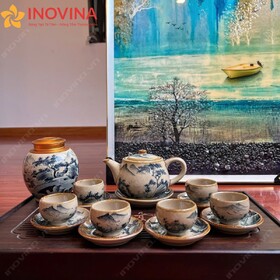 Bộ Ấm Trà Bát Tràng Men Cổ Cảnh Sơn Thủy