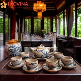 Bộ Ấm Trà Bát Tràng Dáng Quả Đào Sơn Thủy