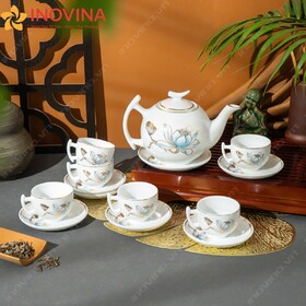 Bộ Ấm Trà Bát Tràng Trăng Khuyết Hoa Sen Xanh