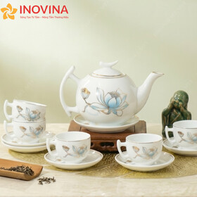 Bộ Ấm Trà Bát Tràng Trăng Khuyết Hoa Sen Xanh