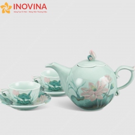 Bộ ấm trà Minh Long dáng ngọn lửa sen hồng nổi