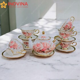 Bộ Ấm Trà Phong Cách Châu Âu Hoa Hồng Vẽ Vàng