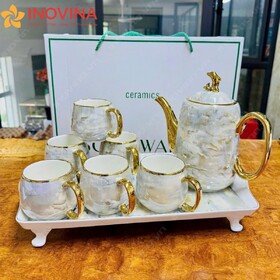 Bộ Ấm Trà Sứ Xương Trang Trí Vàng Cá Heo