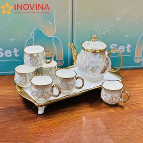 Bộ Ấm Trà Sứ Xương Trang Trí Vàng Dáng Đèn