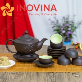 Bộ Ấm Trà Tử Sa Dáng Đèn Khắc Hoa Nổi