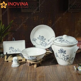 Bộ Bát Đĩa Bát Tràng Hoa Sen Trơn