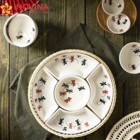 Bộ Bát Đĩa Hoa Mặt Trời Bát Tràng Cỏ 4 Lá