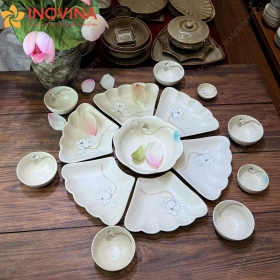 Bộ Bát Đĩa Hoa Mặt Trời Bát Tràng Lá Hoa Sen