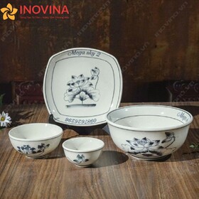 Bộ Bát Đĩa Bát Tràng Hoa Sen Viền Thẳng