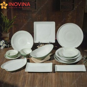 Bộ Bát Đĩa Bát Tràng Men Lục Lòng Trắng