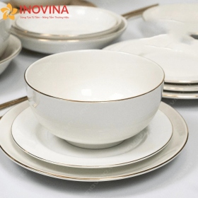 Bộ bát đĩa men trắng chỉ vàng