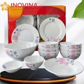 Bộ bát đĩa men trắng hoa hồng
