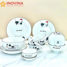 Bộ bát đĩa men trắng họa tiết mèo lovely