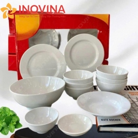 Bộ bát đĩa men trắng trơn