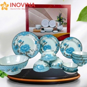 Bộ bát đĩa men trắng Vẽ Hoa Xanh