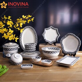 Bộ Bát Đĩa Men Trắng Viền Hoa Văn