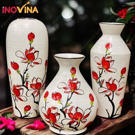 Bộ Bình Hoa Gốm Sứ Bát Tràng Hoa Cẩm Chướng Đỏ