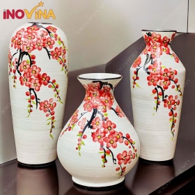 Bộ Bình Hoa Gốm Sứ Bát Tràng Hoa Đào Đỏ