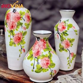 Bộ Bình Hoa Gốm Sứ Bát Tràng Hồng Đỏ