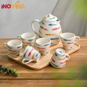 Bộ Bình Ly Sứ Bát Tràng Dáng Tròn Hình Cá