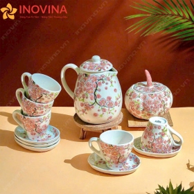 Bộ Bình Ly Sứ Bát Tràng Dáng Tròn Hoa Đào Hồng