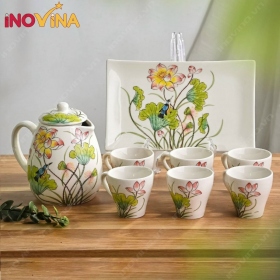 Bộ Bình Ly Sứ Bát Tràng Dáng Tròn Hoa Sen